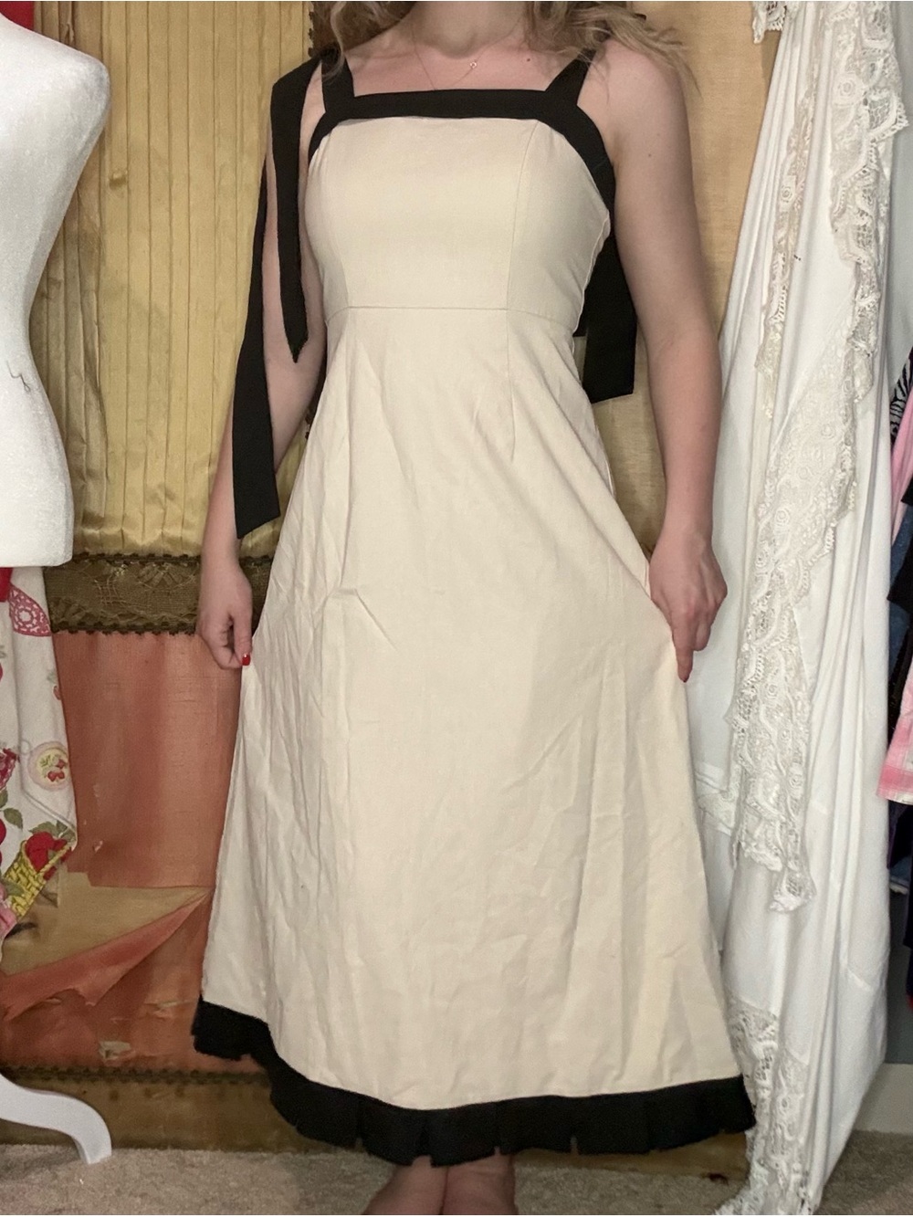 Able Cream Midi Dress with Black Trim and Shoulder Ties